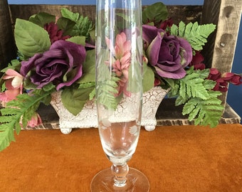Clear Glass Bud Vase with Etched Mackintosh Style Rose Pattern