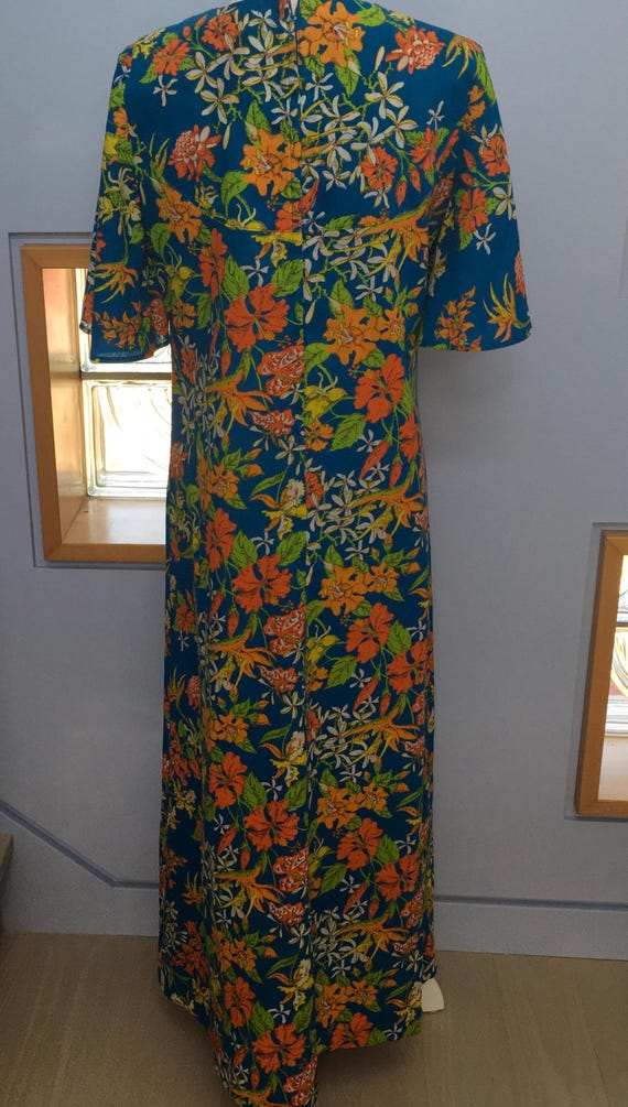 70s Hawaiian Boho Bright Floral Maxi Dress - Size M - Gem