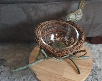 Bird Nest Tealight Candle Holder Metal With Bird And Twig