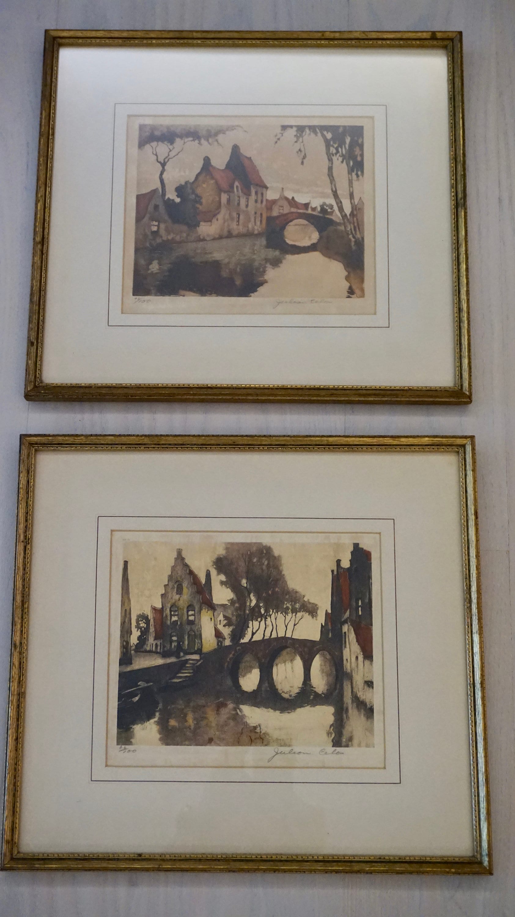 Pair of Framed Limited Edition Julian Celos Canal Scene Etchings