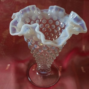 Large Fenton Moonstone Opalescent Hobnail Pedestal Vase