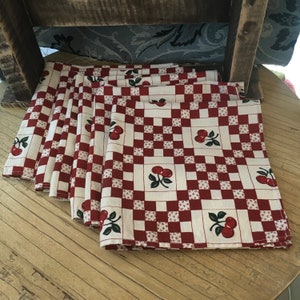 Set of Six Vintage Checkerboard and Cherries Napkins