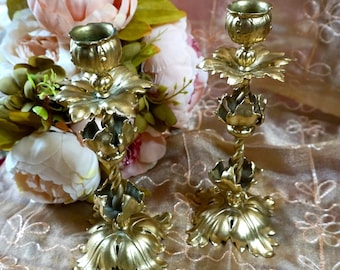 Pair of Small Ornate Metal Gold-Tone Candlesticks