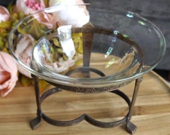 Vintage Glass Bowl in Tripod Brass Stand