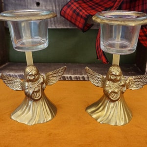 Pair of Brass and Glass Angel Votive Candle Holders