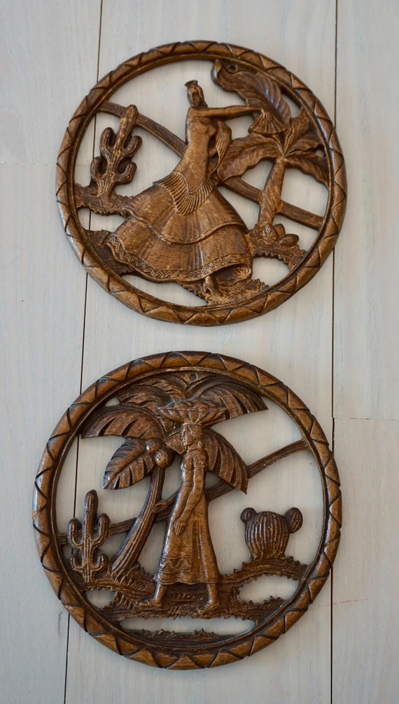 Pair Of Syroco Wood Round Wall Plaques