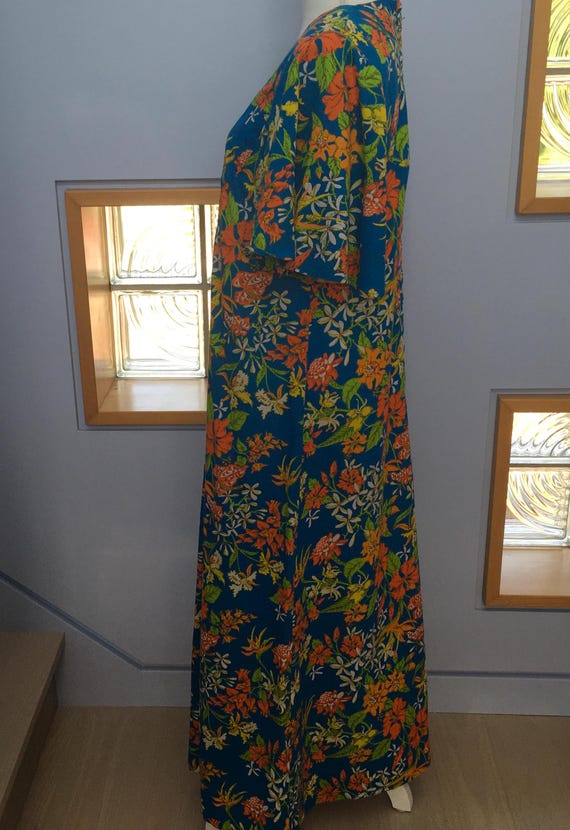 70s Hawaiian Boho Bright Floral Maxi Dress - Size M - Gem