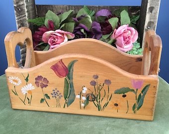 Floral Painted Bentwood Box Crate With Heart Cut Out Handles