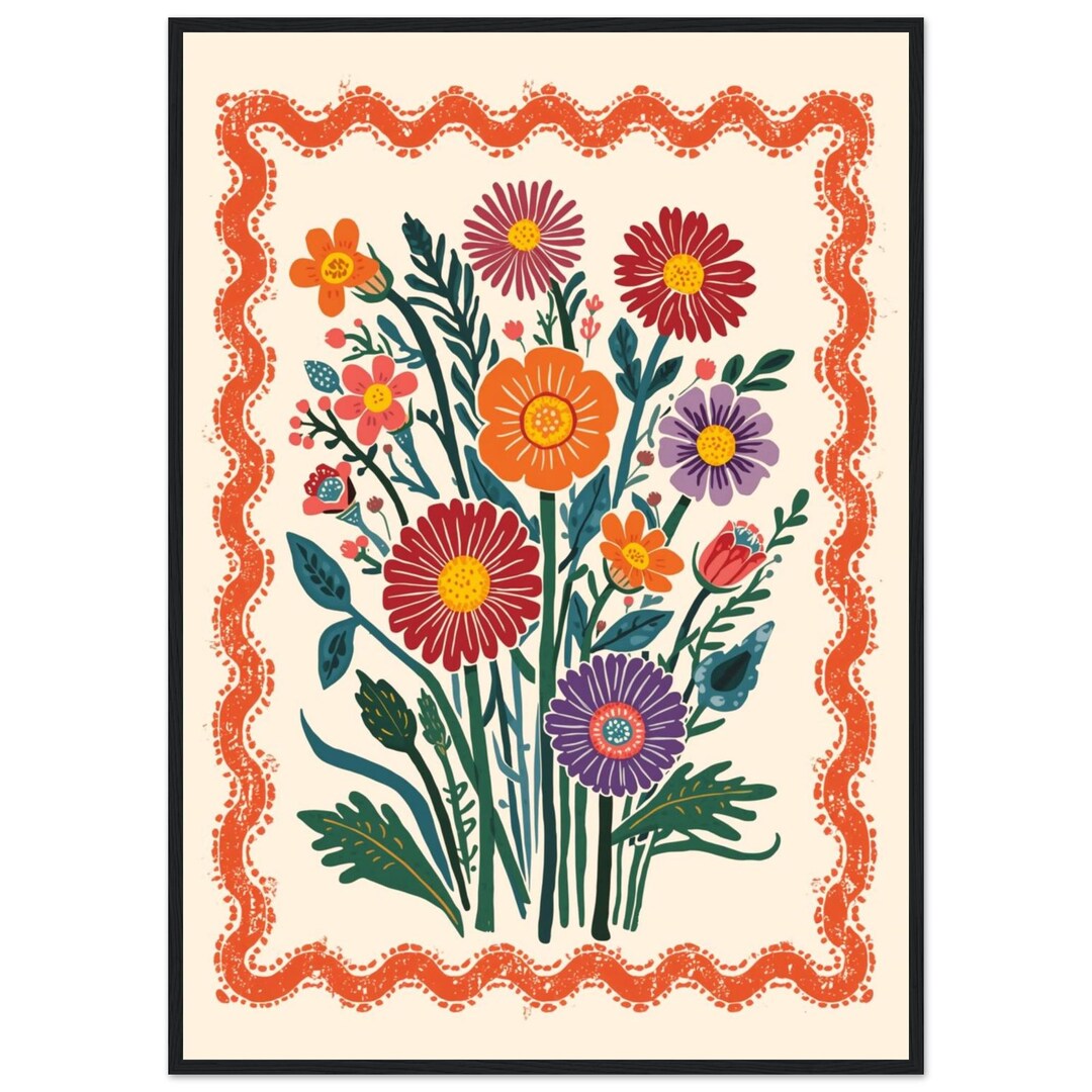 Colorful Folk Floral Wall Art Print, Boho Botanical Poster, Retro ...