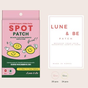 Peut inclure: Emballage de patchs anti-imperfections roses et verts avec le texte "SPOT PATCH" et "Lune & Be". L'emballage comprend des illustrations de patchs jaunes souriants. Le paquet contient 20 patchs de 12 mm et 24 patchs de 10 mm.