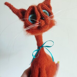 Yay red plush cat with dark blue ribbon and blue eyes, soft Handcrafted toy, unique gift for cat lovers