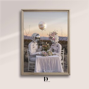 Appuntamento con cena lunare - Decorazione murale romantica con astronauta, casco floreale e palloncino lunare