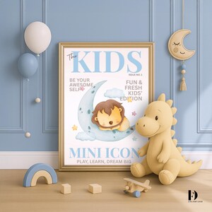 Mini Icon – Póster de pared infantil con diseño de león y luna / Impresión de revista infantil en tonos pastel suaves