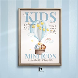Mini Icon – Baby-Tiere im Heißluftballon Kinderzimmer Wandkunst Poster | Soft Pastell Kids Magazin Print