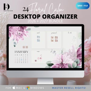 Peut inclure: Un organisateur de bureau avec un design floral, comprenant un calendrier de janvier et des sections intitulées "travail", "personnel" et "à faire". L'écran affiche une palette de couleurs douces avec des accents floraux roses et violets. Le texte indique "24 Floral Calm Desktop Organizer 2026 + 2027 Bundle."