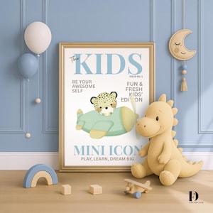 Mini Icon – Niedlicher Gepard im Flugzeug Kinderzimmer Wandkunst Poster | Soft Pastell Kids Magazin Print