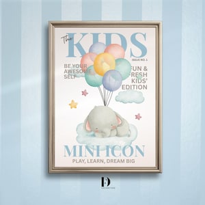 Mini Icon - Póster infantil con globo de elefante / Impresión de revista infantil en tonos pastel suave