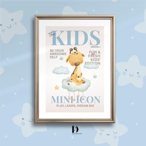 Mini Icon – Póster de pared infantil con diseño de jirafa y nube / Impresión de revista infantil en tonos pastel suave