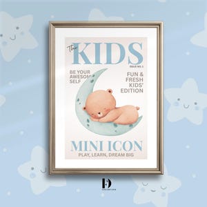 Mini Icon – Póster de pared infantil con diseño de luna de oso / Impresión de revista infantil en tonos pastel suaves