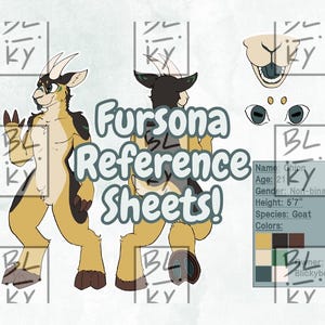 Puede incluir: Una hoja de referencia de Fursona con un personaje de cabra en vistas frontal y lateral. El personaje tiene pelaje marrón y negro, con un acento verde. La hoja incluye el nombre, la edad, el género, la altura (170 cm), la especie y la paleta de colores del personaje. También está presente el texto "Fursona Reference Sheets!"