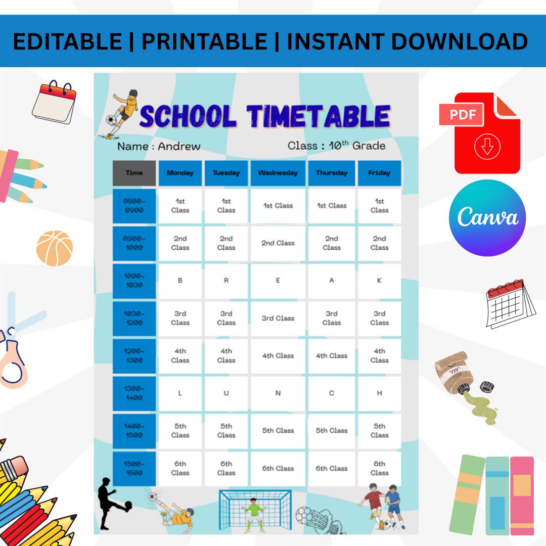 Editable School Timetable for Kids, Printable School Timetable, Soccer ...