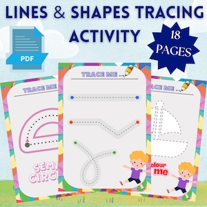 May include: Educational activity set for kids featuring tracing lines and shapes. The set includes 18 pages with various tracing exercises, including semi-circles and zigzags. The pages have colorful borders and illustrations, with the text "TRACE ME" and "COLOUR ME".