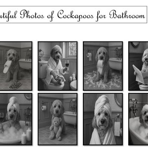 Può includere: Una stampa in bianco e nero con dieci foto di Cockapoo in ambienti bagno. Le immagini mostrano cani in vari scenari, come rilassarsi in una vasca da bagno, con un asciugamano in testa e che usano il bagno. Il testo in alto recita "10 Beautiful Photos of Cockapoos for Bathroom."