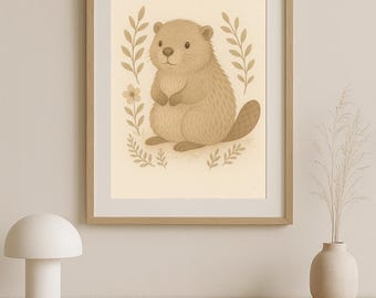 Beaver Nursery Print: Beige Woodland Animal Art (Digital Download)
