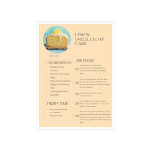Conjunto de cartões de receitas, bolo de limão, impressões de arte de cozinha, receitas imprimíveis, decoração de parede faça você mesmo, ideia de presente para amantes da gastronomia