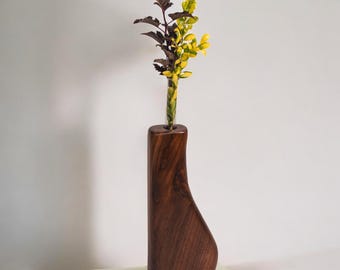 Black Walnut Propagation Vase – Modern Wood Bud Vase with Glass Tube – Minimalist Plant Holder, Rooting Station, Gift for Plant Lovers