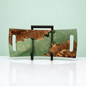 Maple Burl Serving Board with Dark Ocean Green Epoxy – Handmade Charcuterie Tray, Resin Wood Kitchen Gift