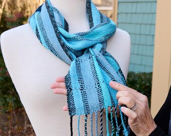 Electric Tides Rayon Scarf - Handwoven Wrap in Brilliant Blue, Sky Blue & Black with Graphic Stripe. Super Soft. Easy Care. Vegan Fiber.