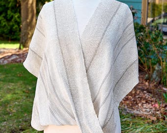 Cloud Dancer Sparkle Petit Mobius Shawl - Handwoven Infinity Wrap in White Rayon with Lurex Ribbon Accents. Light, Shimmery & Easy to Style.