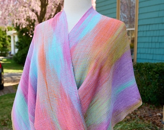 Sunset Mirage Petit Mobius Shawl - Handwoven Infinity Wrap in Warm Rainbow Tones. Soft and Easy Wear.