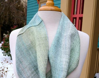 Mini Rayon Infinity Scarf Handwoven in Sea Glass Drift - Soft Cream, Sea Foam Green & Ocean Blue Yarn. Easy Wear - Throw On and Go!