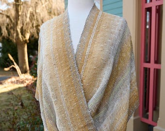 Golden Honey Sparkle Mobius Shawl - Handwoven Infinity Wrap in Gold, White & Grey with Lurex Weft. Elegant, Sparkly and Easy to Style.