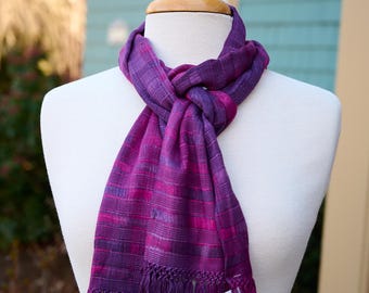 Amethyst Fuchsia Organic Bamboo Scarf – Handwoven Wrap in Deep Lilac, Fuchsia & Black. Silky Soft. Hand Dyed. Vegan Fiber. Easy Care.
