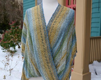 Mobius Shawl Handwoven in Harvest Coast - Blue, Moss Green & Golden Ochre Rayon with Ribbon Accents - Versatile Wrap and Elegant Scarf
