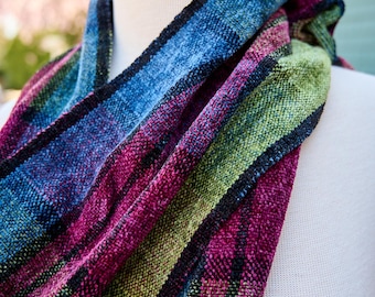 Handwoven Chenille Scarf in Heirloom Garden: Magenta, Teal, Chartreuse & Blue Plaid - Organic Bamboo, Soft Cozy Vegan. Black Pinstripes.