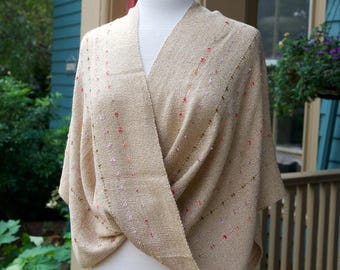Honey Wildflowers Mobius Shawl - Handwoven Infinity Wrap in Beige Rayon Yarn with Sage Green, Pink, Lavender Supplemental Ribbons.