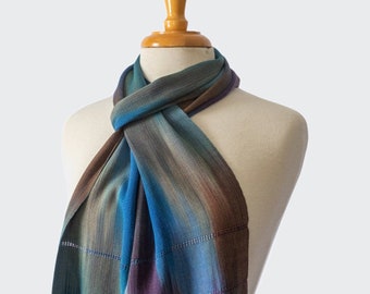 Organic Bamboo Scarf Handwoven in Jewel Toned Watercolor Yarn. Hand Dyed Organic Bamboo Yarn. Silky Soft Vegan Scarf - Easy Care.