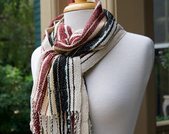 Hearthsong Rayon Scarf - Handwoven in Black, Cream, Maroon, Buttercream & Sky Blue Ribbon. Leno Lace Border and Hand Twisted Fringes.