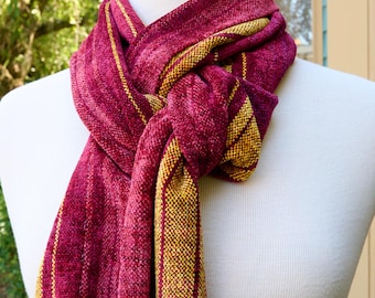 Handwoven Chenille Scarf in Electric Vineyard: Burgundy, Red & Ochre Stripe - Organic Bamboo, Soft and Cozy. Hand Dyed.