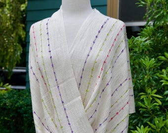 Aurora Blossom Mobius Shawl - Handwoven Infinity Wrap in Creamy White Rayon Yarn with Purple, Lime, and Fuchsia Supplemental Ribbons.