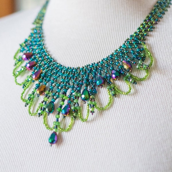 Necklace: Lime Green, Blue, and Purple Beads, Handmade with Czech Glass Beads