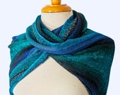 Mobius Shawl in Blue, Green, and Black Boucle Yarn, Handwoven