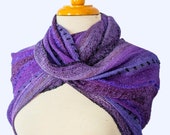 Mobius Shawl in Purple, Periwinkle, and Black, Handwoven with Sequins Highlights