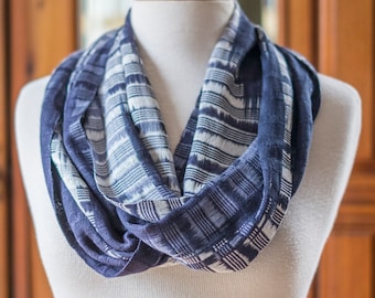 Organic Bamboo Infinity Scarf - Handwoven in Navy, Indigo, & White Yarn. Hand Dyed Organic Bamboo Yarn. Vegan Fibers - Easy Care Loop Scarf.