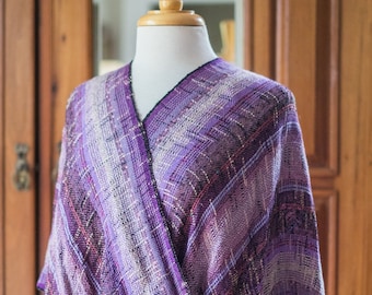 Mobius Shawl in Purple, Light Gray, Beige and Black Rayon Yarn, Handwoven