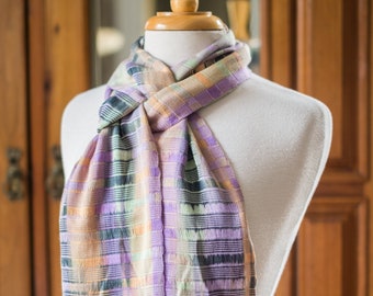 Handwoven Organic Bamboo Scarf in Spring Mist - Lavender, Gray, Sea-Foam Green & Peach. Silky Soft - Hand-Dyed. Easy Care.